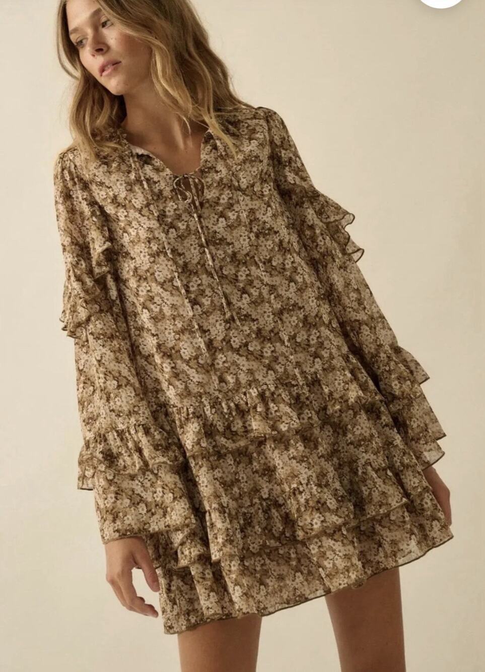 Solai Swing Dress Babydoll Tiered Floral Bell Slv Boho Earthy Olive Green Size L